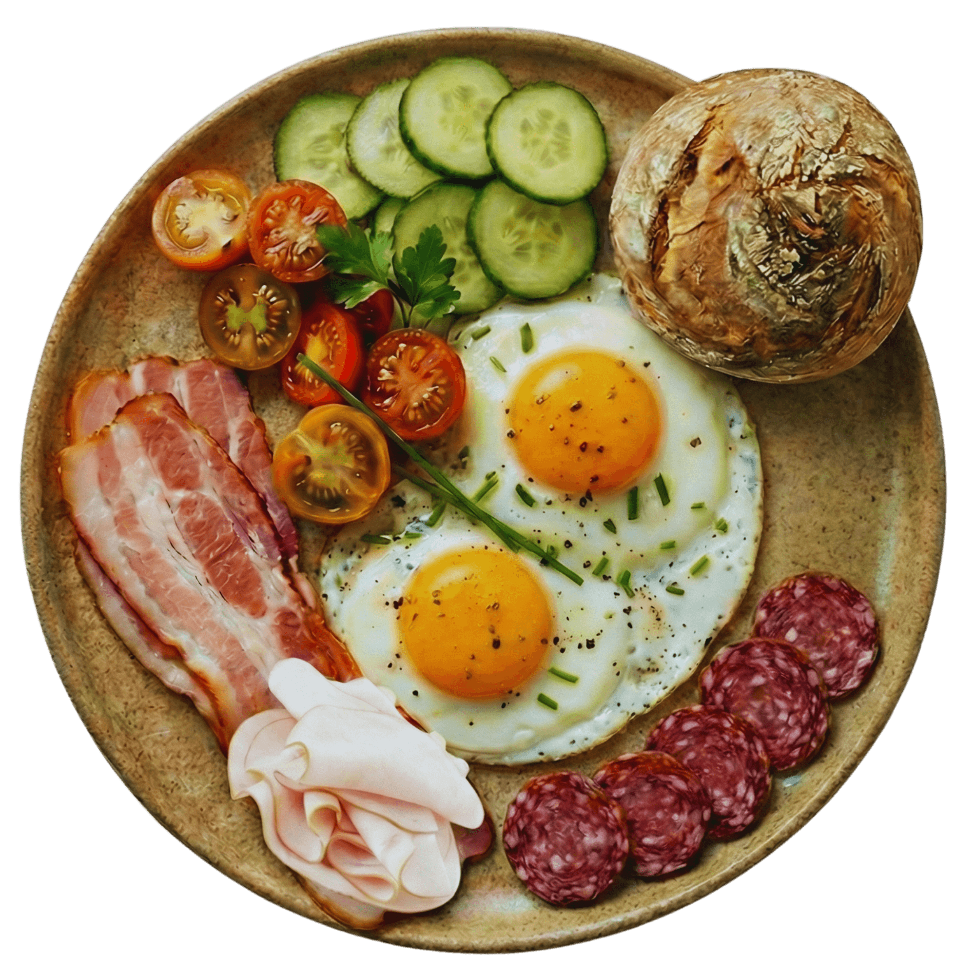 Spiegelei mit Speck, Wurst und Brot